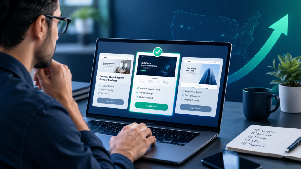 Business owner choosing a website development agency by comparing web design services, SEO, pricing, and support on a laptop