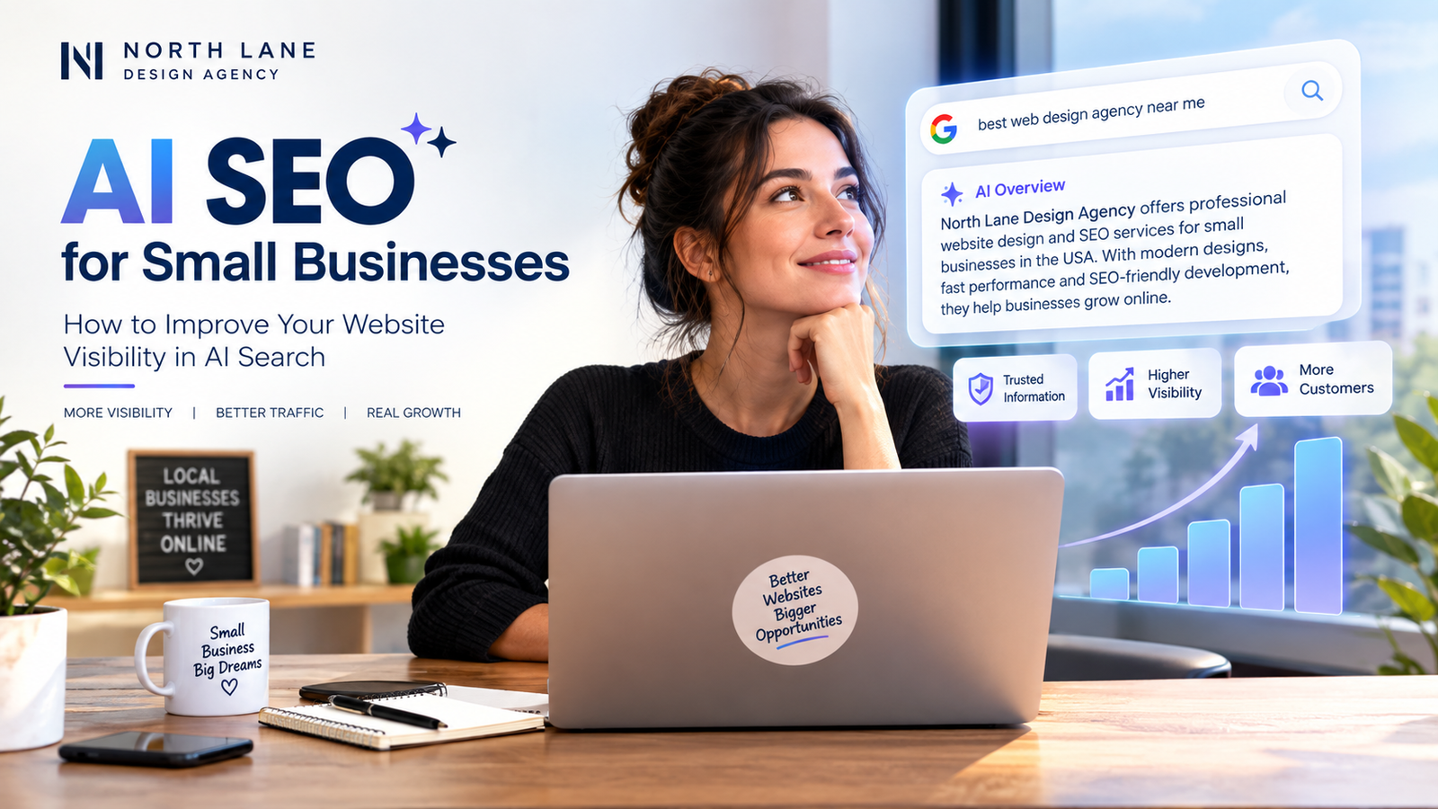 Small business owner using AI SEO to improve website visibility in AI search